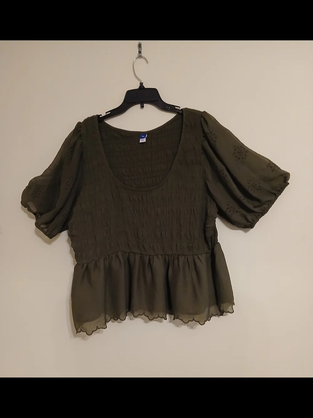 Old Navy Olive Green Puff-Sleeve Peplum Blouse